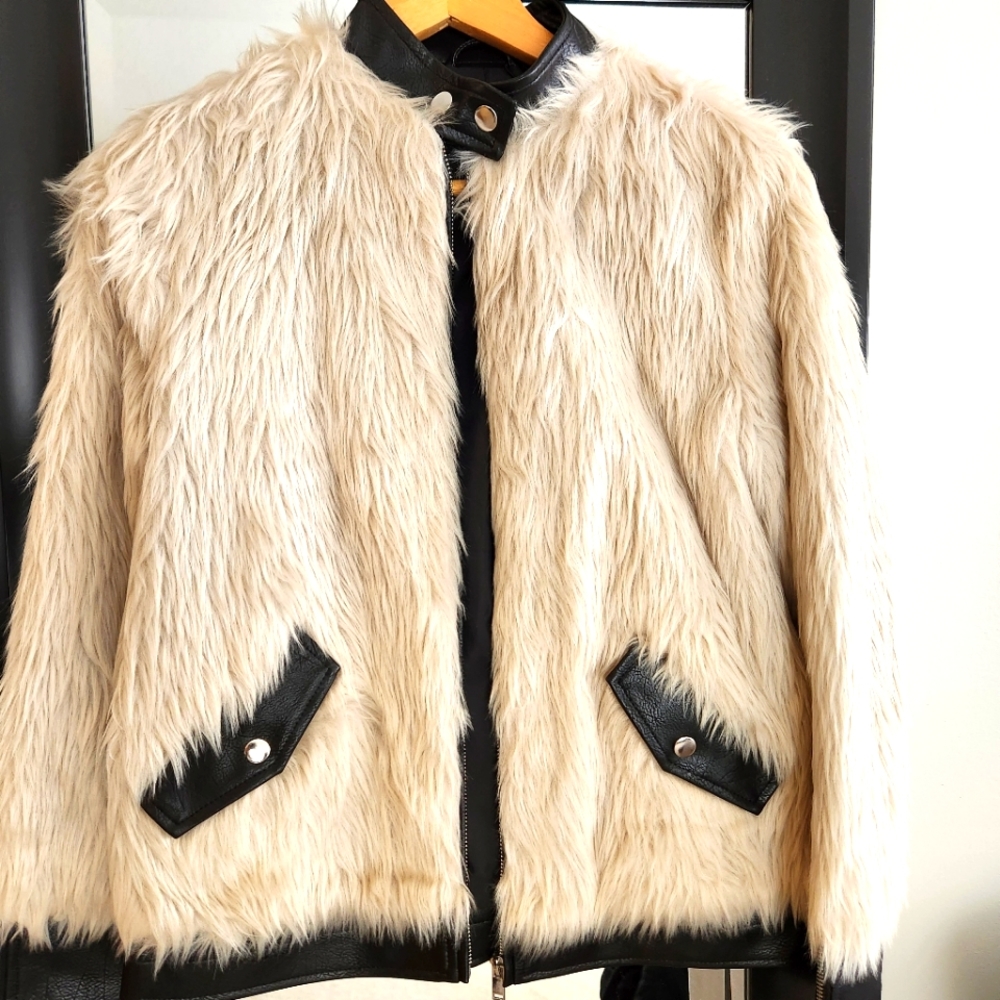 Noize off white faux fur and vegan leather jacket